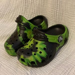 Toddler size 5 Crocs Black and Green Tie Dye